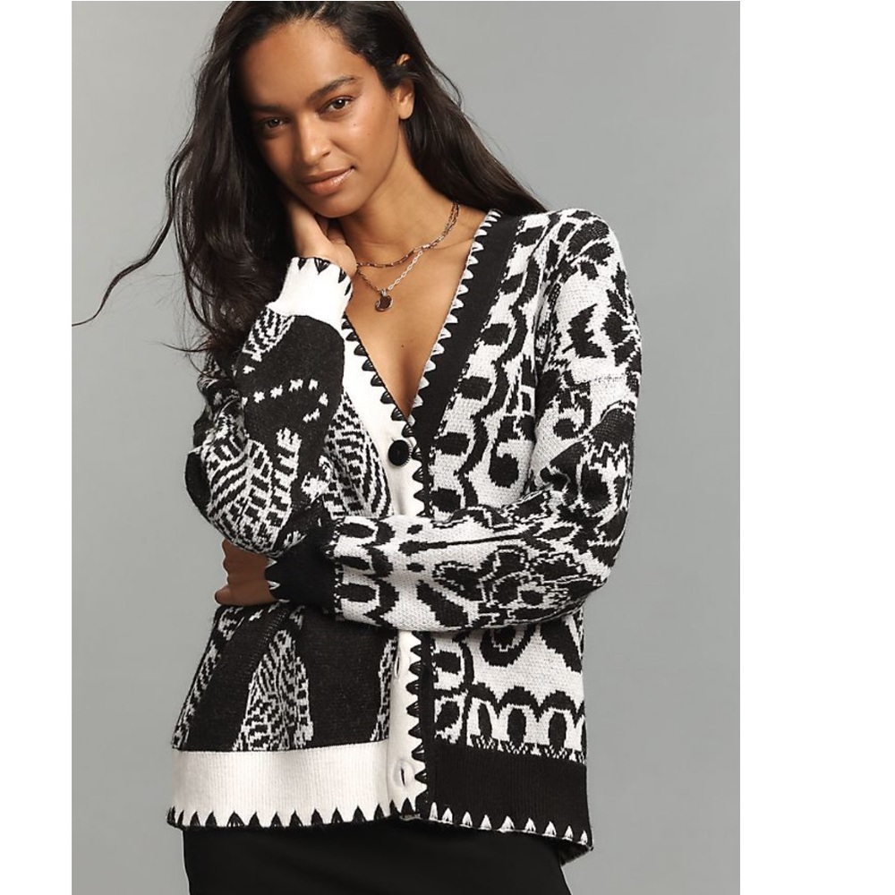 FARM Rio Black & White Mixed Striped Tigers Buttoned Knit Cardigan in Small NWT